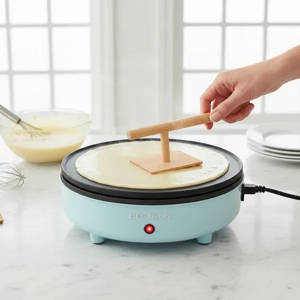 Person using a wooden spreader to make a thin crepe on a Bestron crepe maker