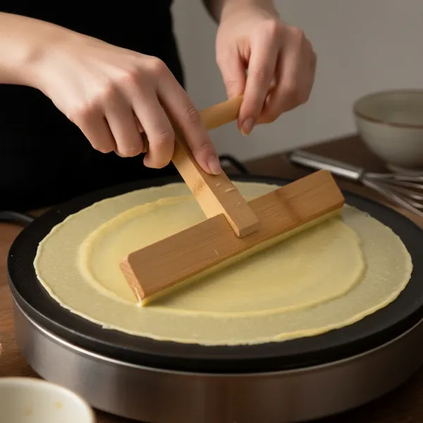 Hands using a wooden T-stick to spread crepe batter on an electric griddle.
