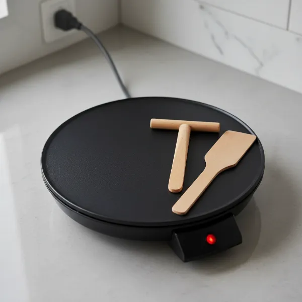 Princess Table Chef Crepe Maker with wooden batter spreader and spatula, ready for use.