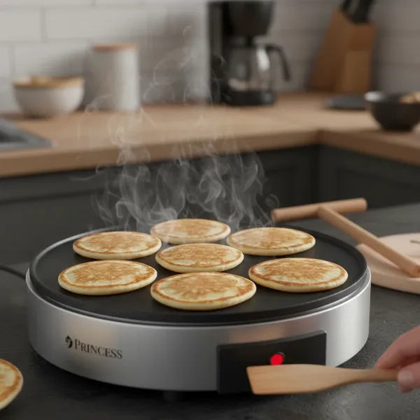 Princess Table Chef Crepe Maker cooking pancakes, showcasing its versatility for breakfast items.