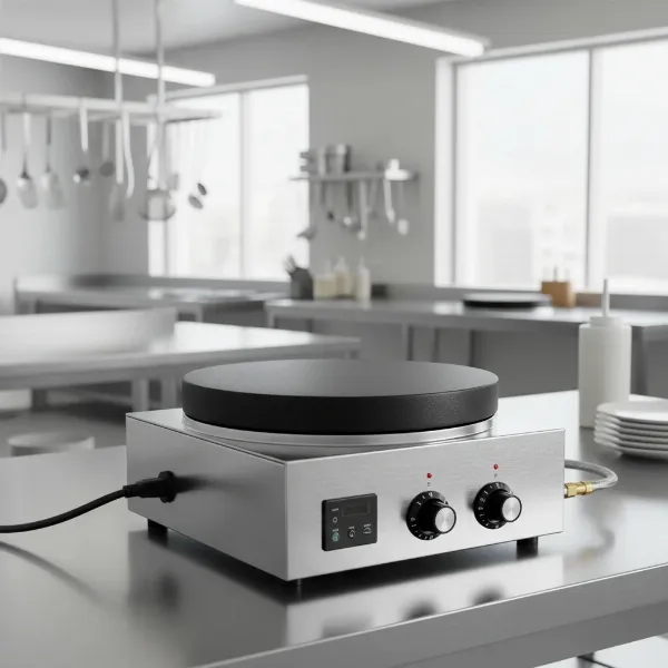 A professional 15-inch crepe maker, showing features of both electric and gas models.