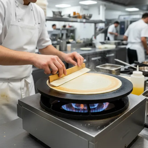A professional chef spreading batter on a commercial gas crepe maker in a busy kitchen