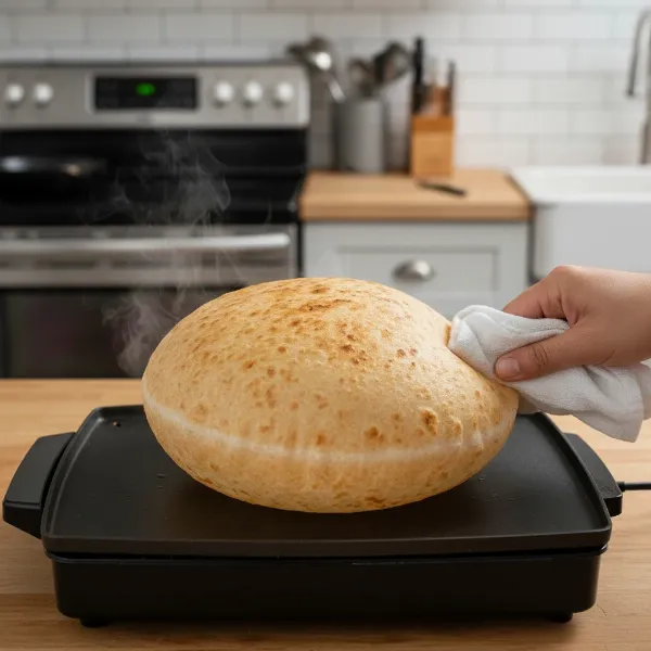 A round roti puffing up like a balloon on a hot electric griddle surface.