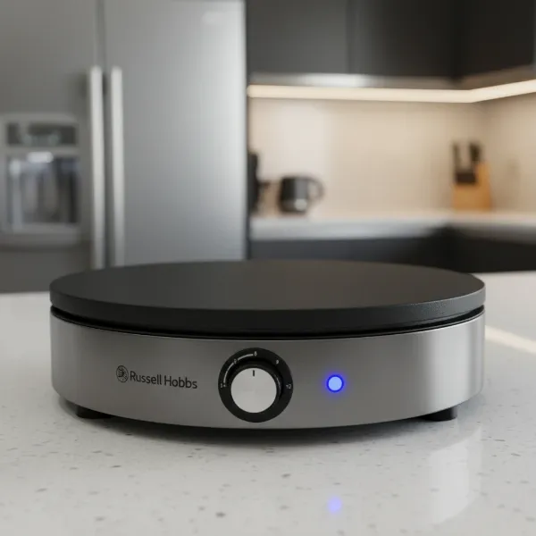 Russell Hobbs crepe maker with a 30cm non-stick plate and an adjustable temperature dial.