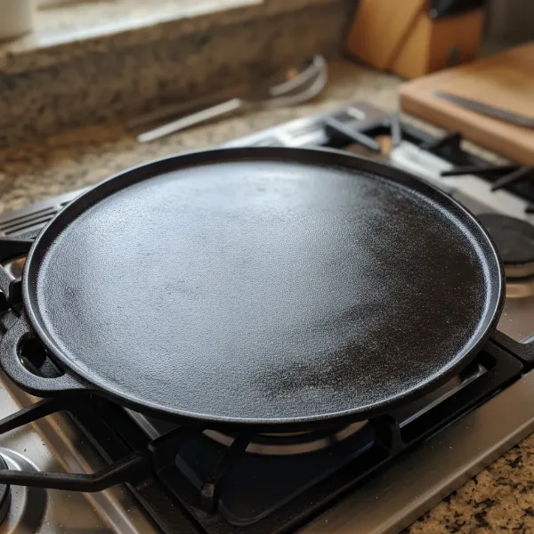 A close-up of a well-seasoned cast iron crepe maker plate, showing its dark, smooth surface.