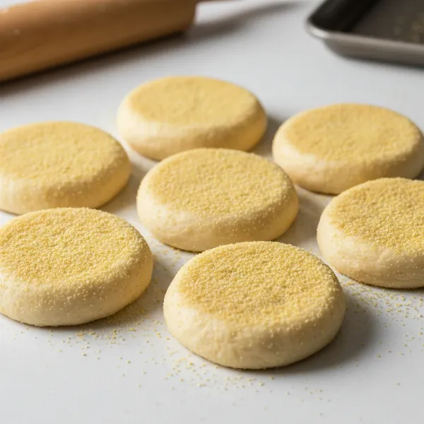 Round English muffin dough pieces proofing on a surface dusted with cornmeal, ready for cooking.