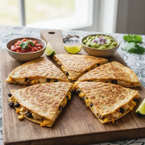 A perfectly golden and crispy quesadilla, sliced into wedges, served with salsa and guacamole.