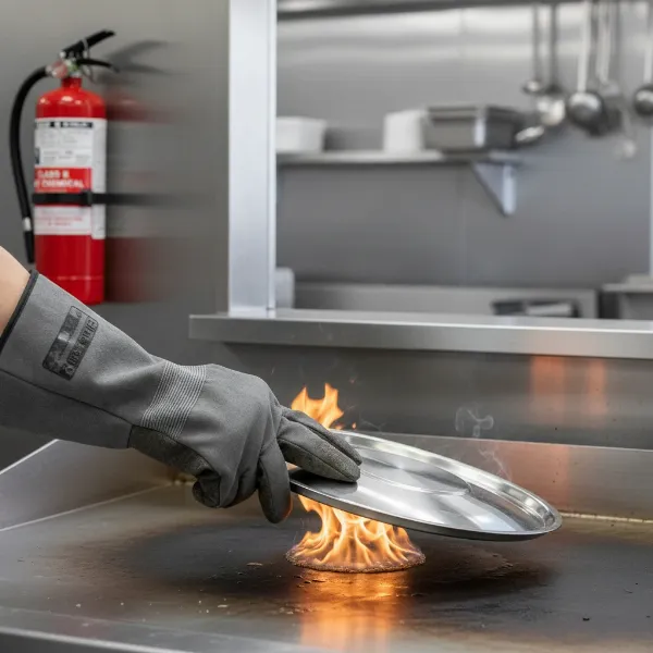A metal lid being used to smother a small grease fire on a kitchen griddle.