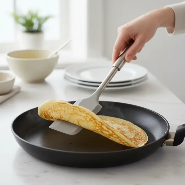 A thin, wide spatula gently flipping a crepe in a non-stick pan, showing the technique.