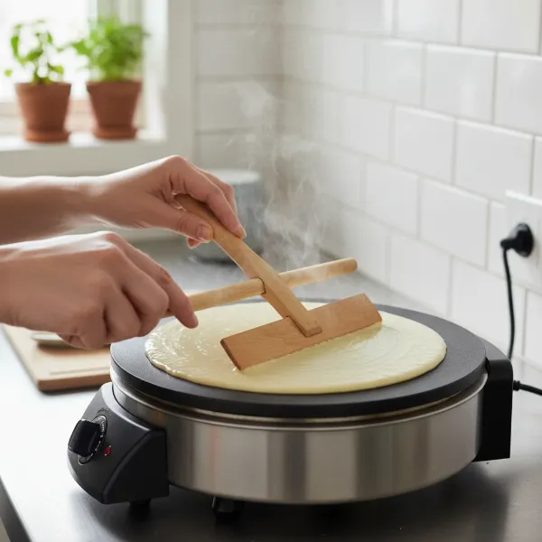 Hands using a wooden spreader to evenly spread crepe batter on a hot electric crepe maker.