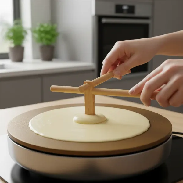 Hand using wooden T-spreader to spread thin crepe batter on a hot electric crepe maker plate.