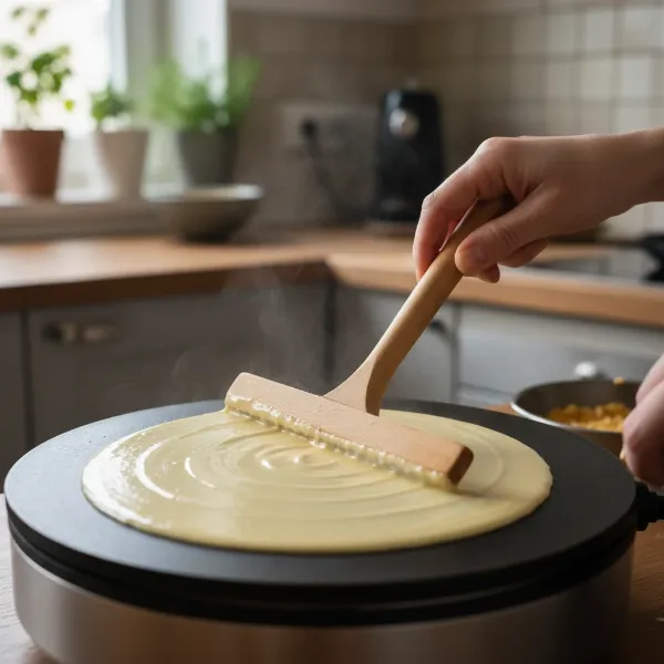 A person using a T-stick to spread thin crepe batter on an electric crepe maker's non-stick surface.