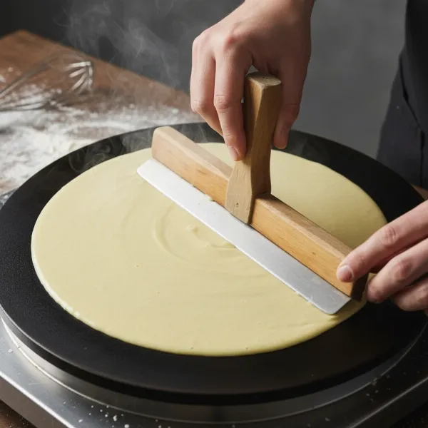 Chef spreading crepe batter with a wooden T-bar spreader on a hot griddle
