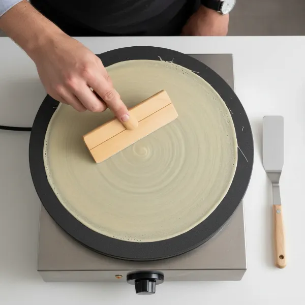 Hand using a T-shaped rozell to spread crepe batter on a griddle.