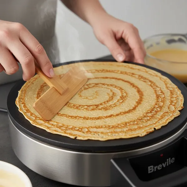 Hands using a wooden T-bar to spread crepe batter thinly on a hot Breville crepe maker.