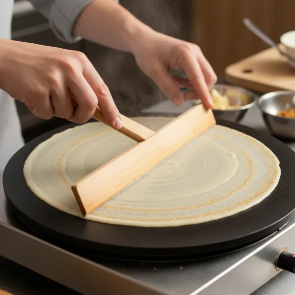 Hands using a wooden T-spreader to evenly spread thin crepe batter on a hot 12-inch surface.