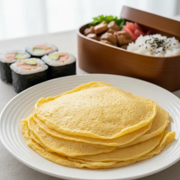 Stack of thin usuyaki tamago egg sheets on a plate, with sushi and bento elements