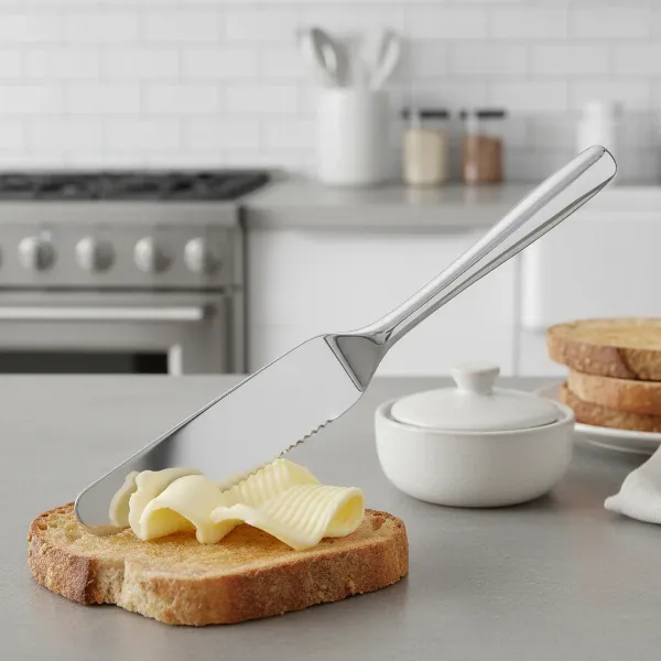 A stainless steel spreader efficiently spreading cold butter on a piece of toast, showcasing durability.