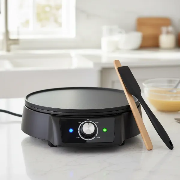 A sleek tabletop electric crepe maker with a flat, circular non-stick surface and temperature control dial.