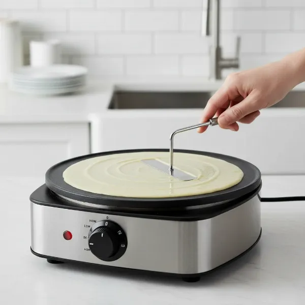 A tabletop electric crepe maker with batter being spread evenly across the hot plate.