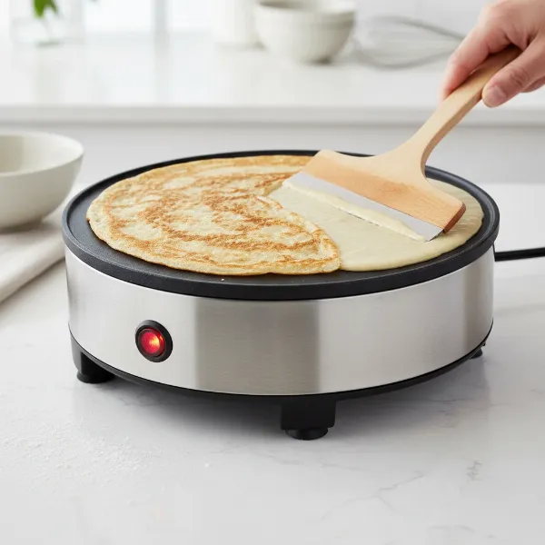 Taurus crepe maker cooking a golden-brown crepe, showing easy batter spreading.