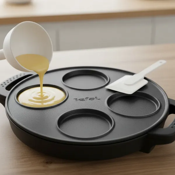 Close-up of Tefal Crepe Party maker showing its non-stick wells, ladle, and small spatulas.