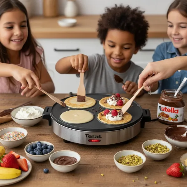 Group of friends or family members cooking mini crepes together on a Tefal Crepe Party maker.