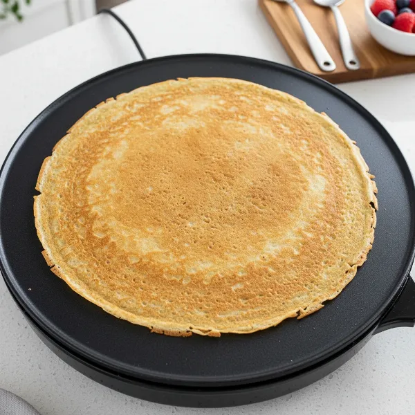 Thin, golden-brown crepe being cooked on a round crepe maker for Peking duck wraps.