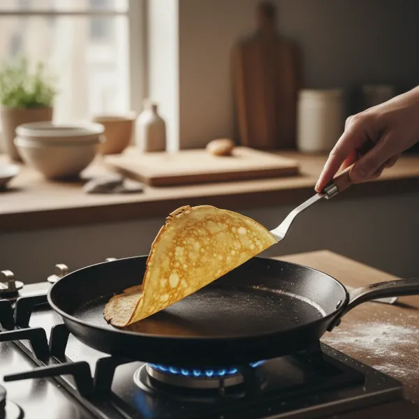 A hand expertly flipping a crepe in a traditional shallow crepe pan on a gas stove