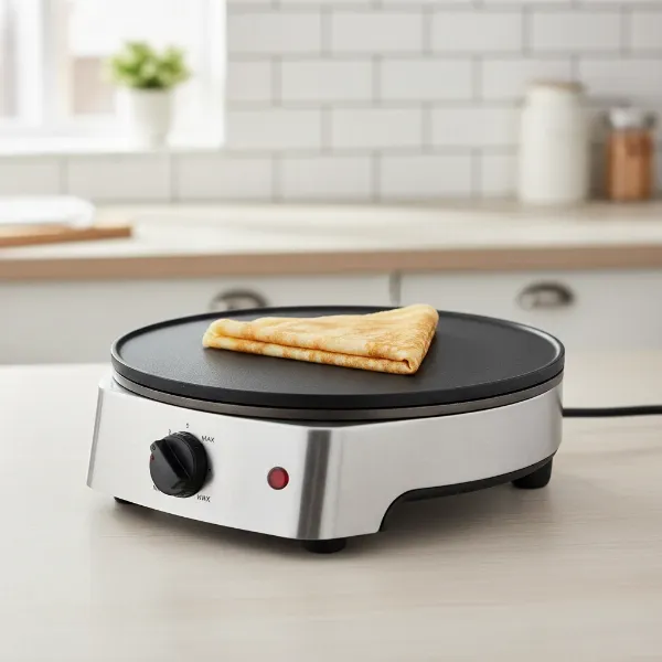 unold profi crepe maker on a modern kitchen counter with a perfectly cooked crepe