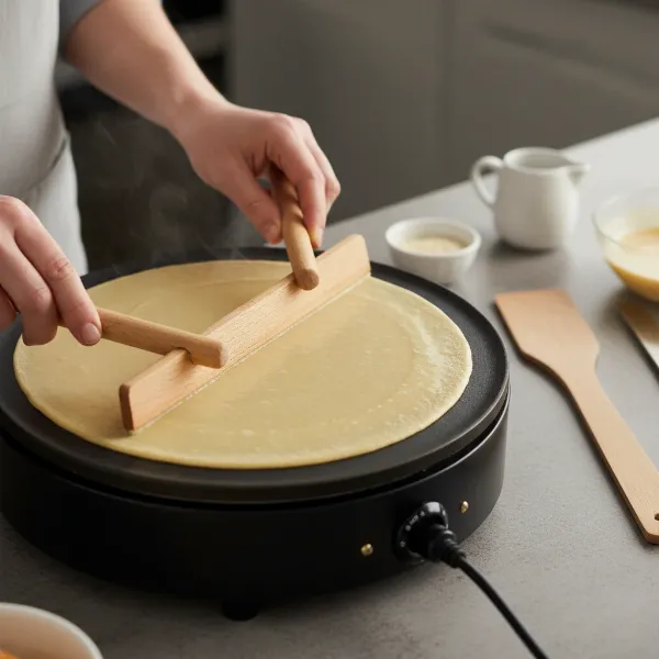 Hands using a T-spreader and spatula on a crepe maker.