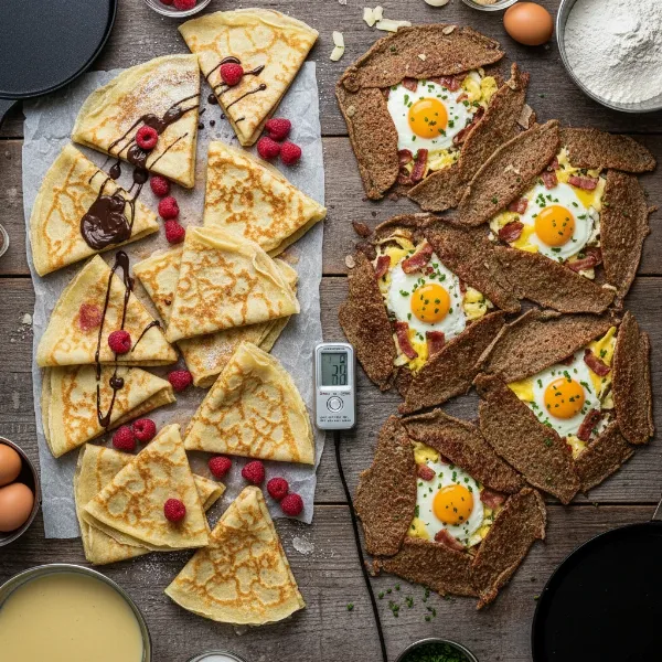 Assortment of crepes, thin French and thick buckwheat, showing versatility from precise temperature control.