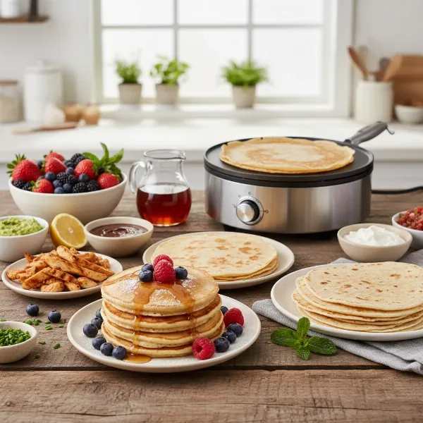 Assortment of foods made on a crepe maker: crepes, pancakes, and tortillas.