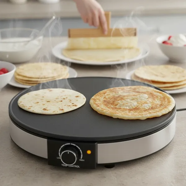 A versatile tabletop crepe maker making different flatbreads.
