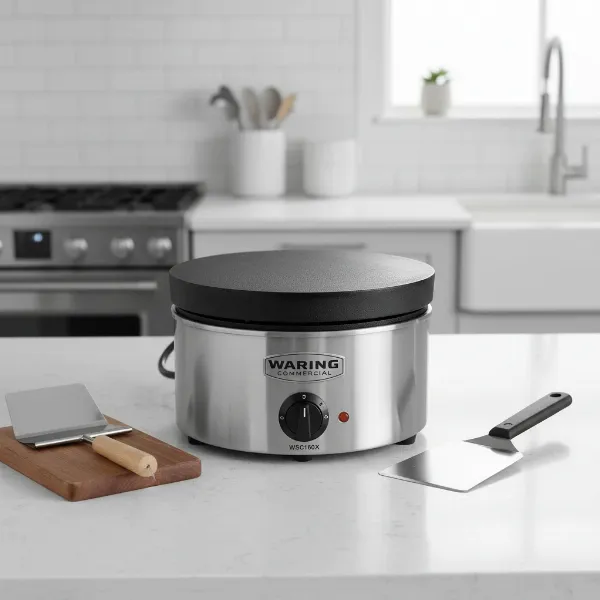 Waring WSC160X commercial crepe maker, robust stainless steel base, 16-inch cast iron surface, and included tools.